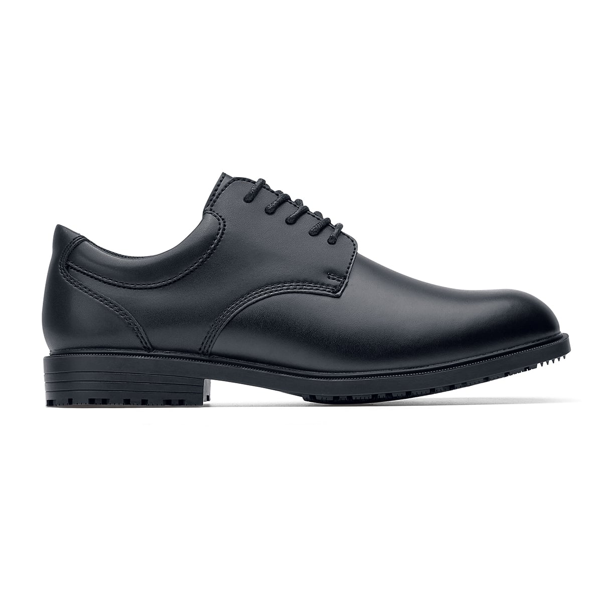 The Shoes for Crews Cambridge III is a slip-resistant leather dress shoe, with removable cushioned insoles and a padded comfort collar, seen from the right.
