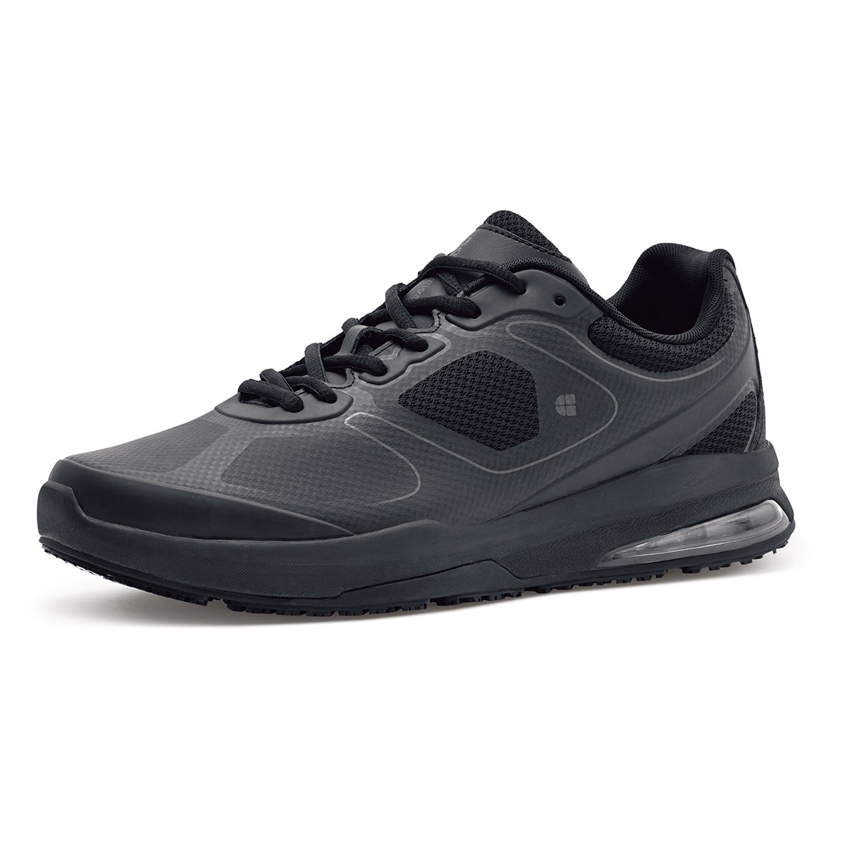 The Evolution II Black from Shoes For Crews are slip-resistant and water-resistant trainers, seen from the left profile.