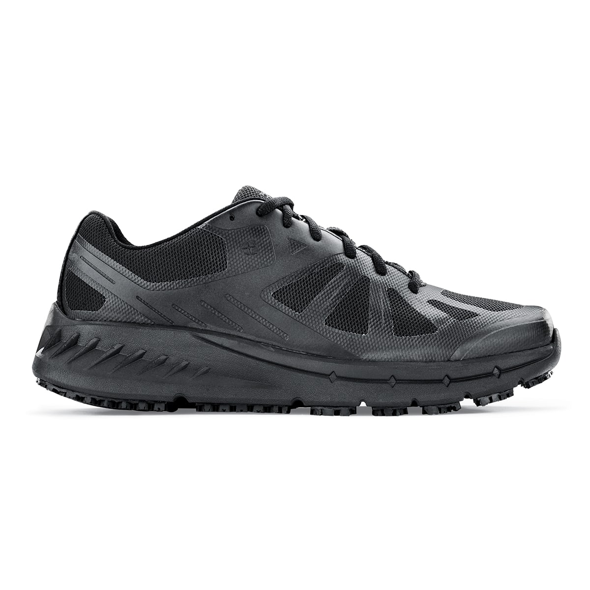The Endurance II from Shoes For Crews is a slip-resistant shoe that features a Spill Guard to help keep out liquids, TripGuard and Flex Tread, seen from the right.