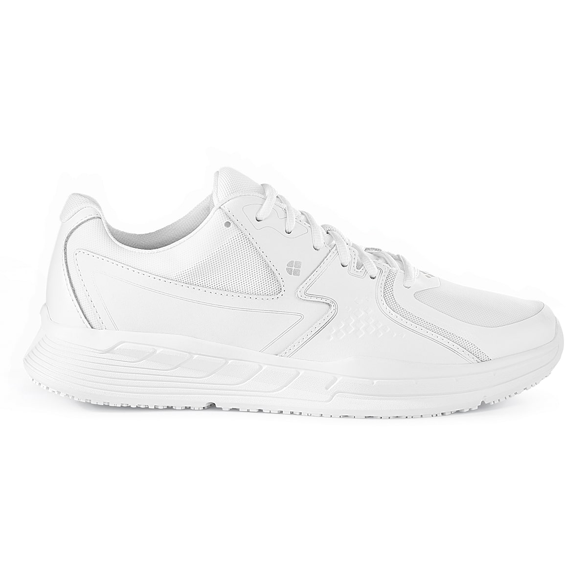 The Condor Men's White from Shoes for Crews is a slip-resistant shoe with laces, with additional padding and a removable cushioned insole, seen from the right.