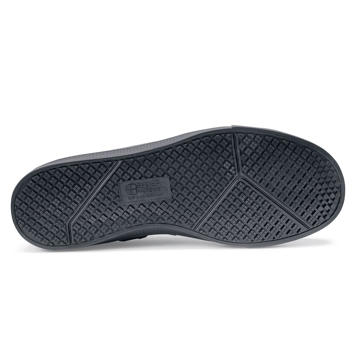 The Old School Low-Rider from Shoes For Crews is an slip-resistant lace-up shoe designed to provide comfort throughout the day, seen from below.