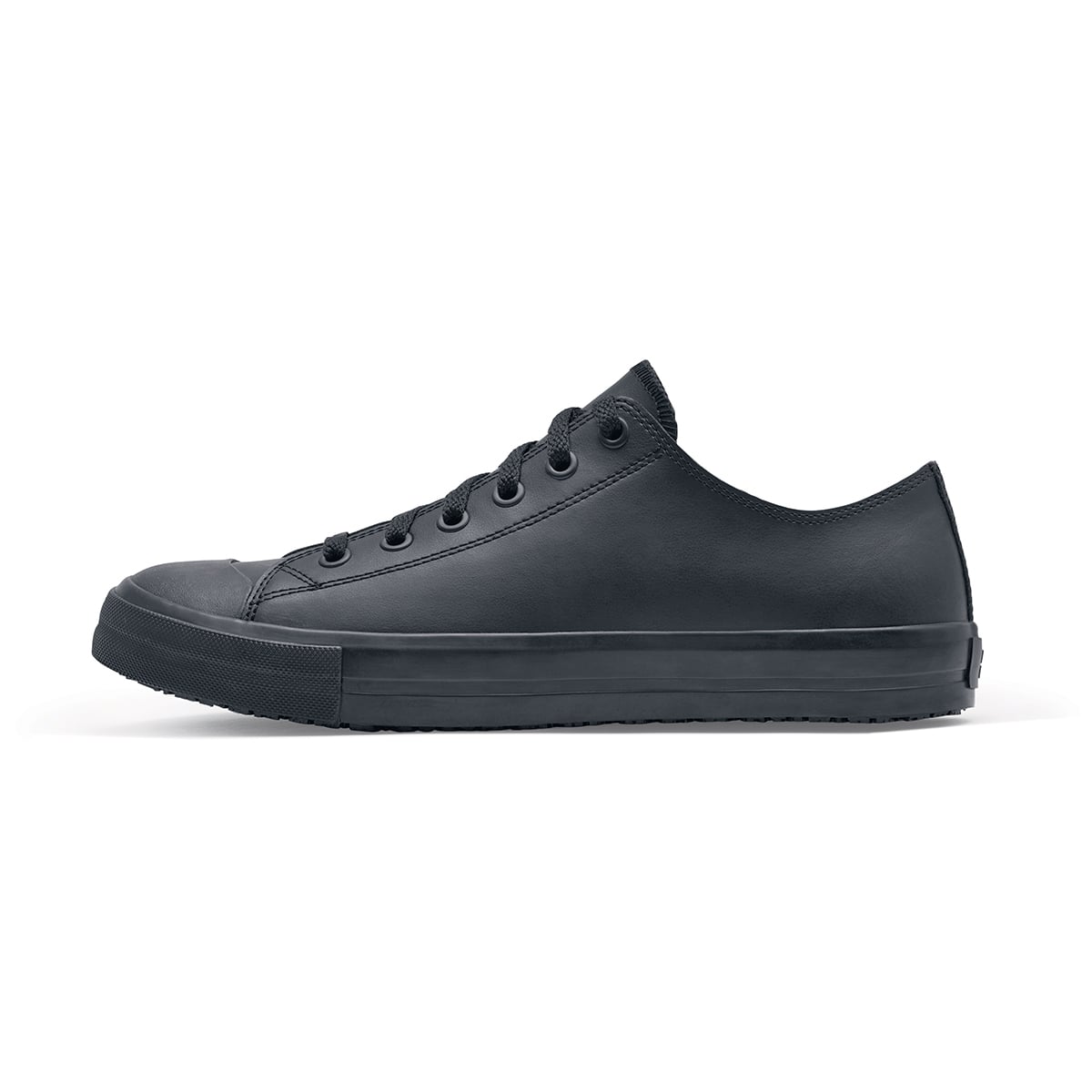 The Delray from Shoes For Crews is a lace-up shoe that has a slip-resistant upper sole with a tapered edge to prevent the risk of trips and falls, seen from the left.