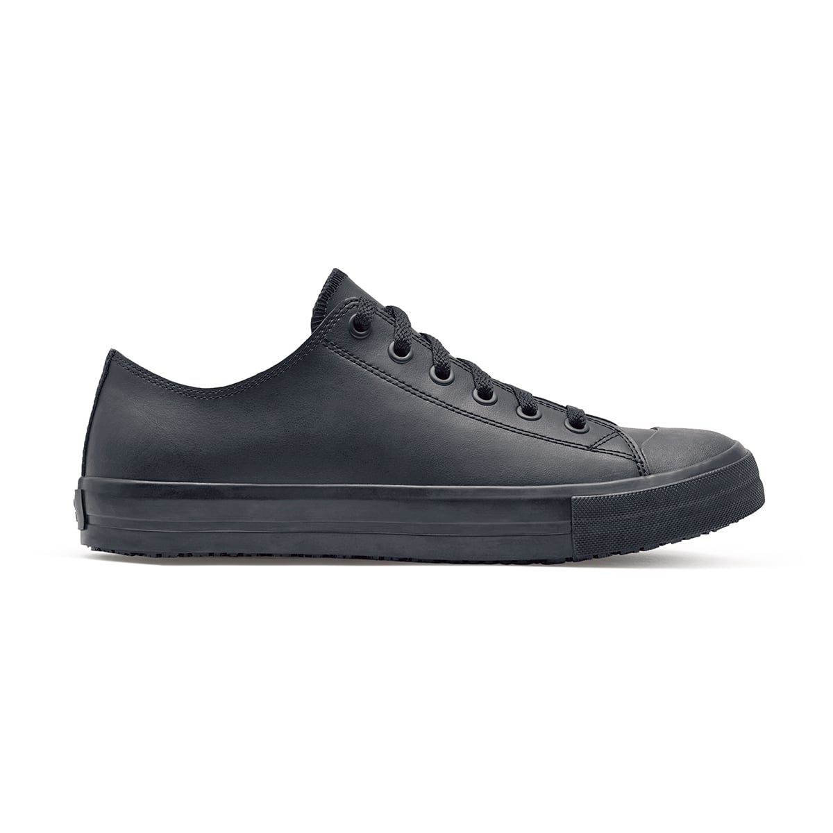 The Delray from Shoes For Crews is a lace-up shoe that has a slip-resistant upper sole with a tapered edge to prevent the risk of trips and falls, seen from the right.