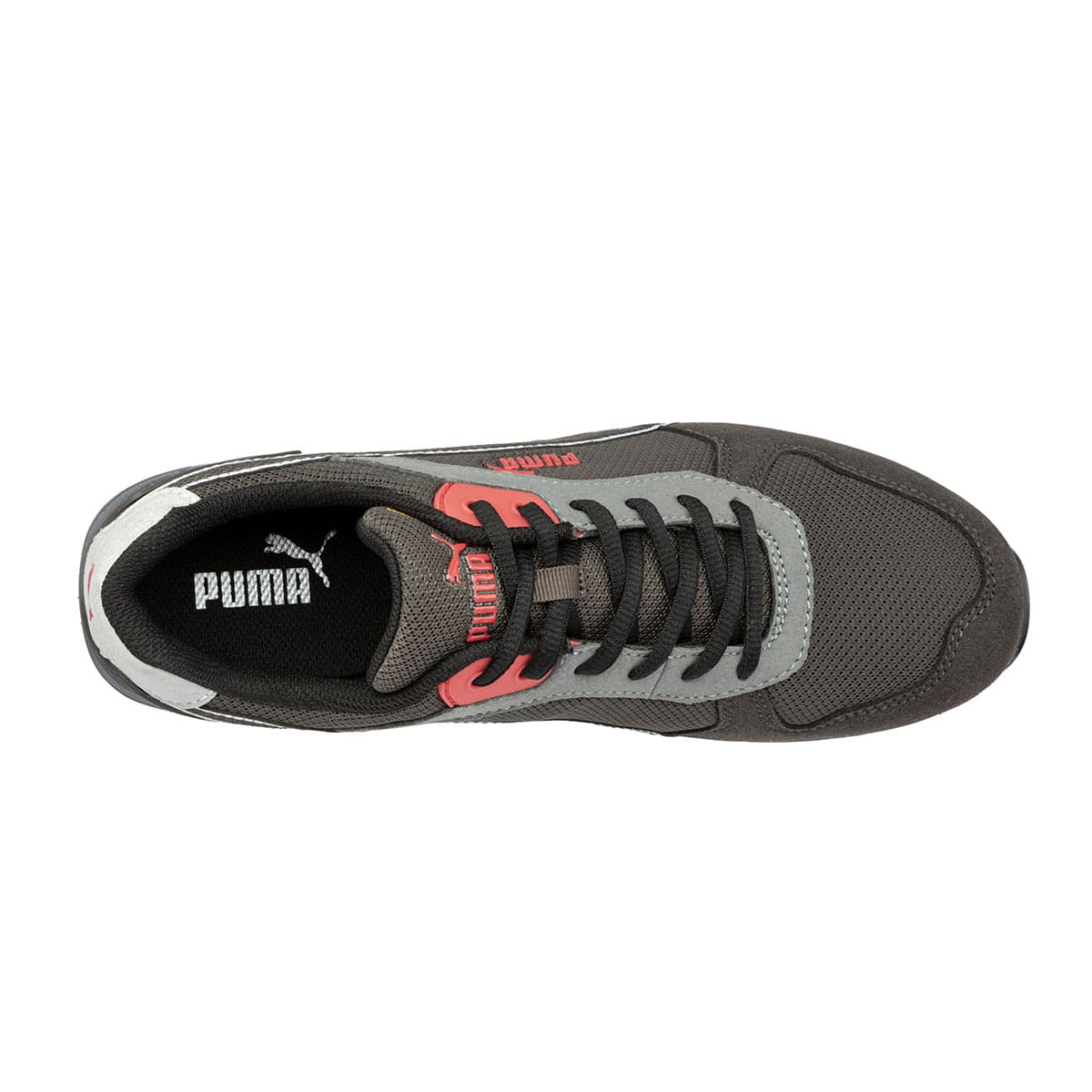The Frontside Ivy Low from Puma Safety X Shoes For Crews are slip-resistant safety shoes with a clog-resistant outsole and composite-fiberglass toe cap, seen from above.