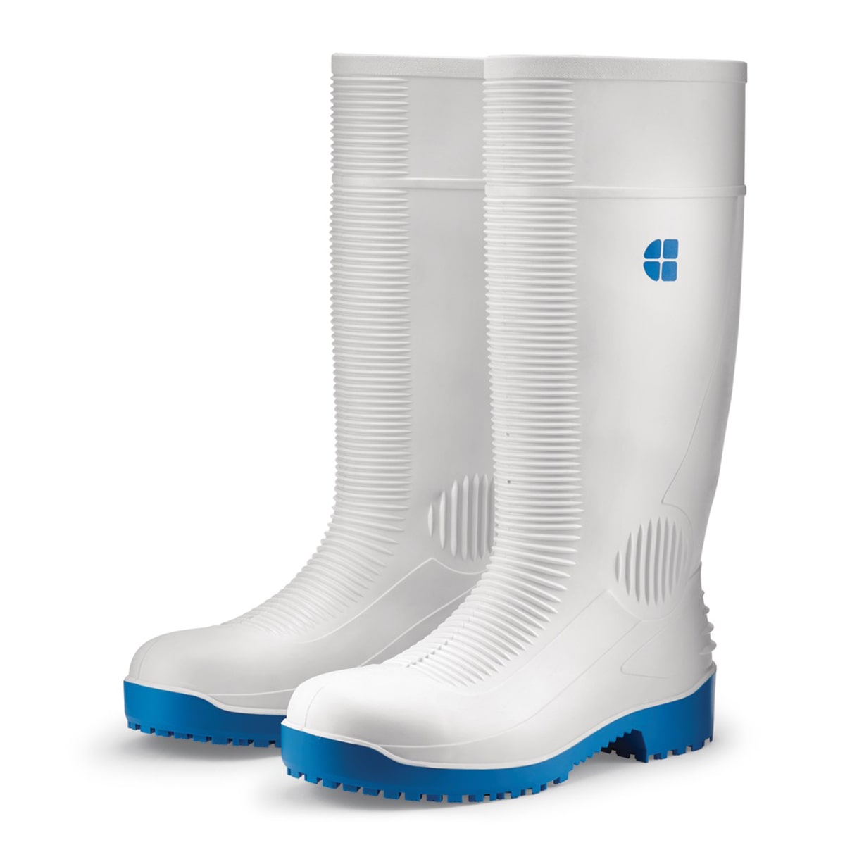 Slip resistant white wellington boot with steel toe cap (200 Joules) and water resistant upper, pair seen from left profile.
