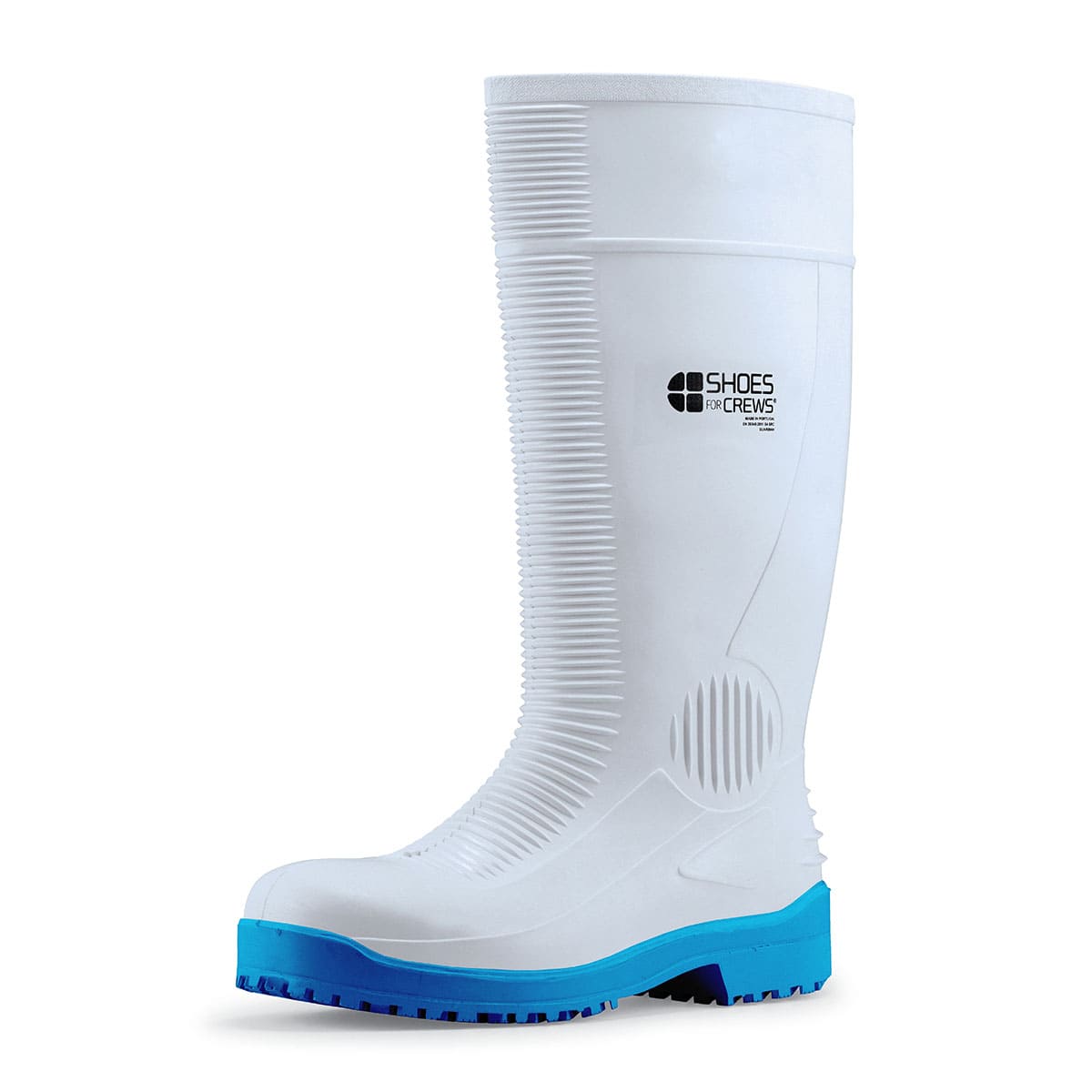 The Guardian S4 from Shoes For Crews are waterproof Wellington boots that offer superior slip resistance on a variety of pavement surfaces, seen from the left profile.