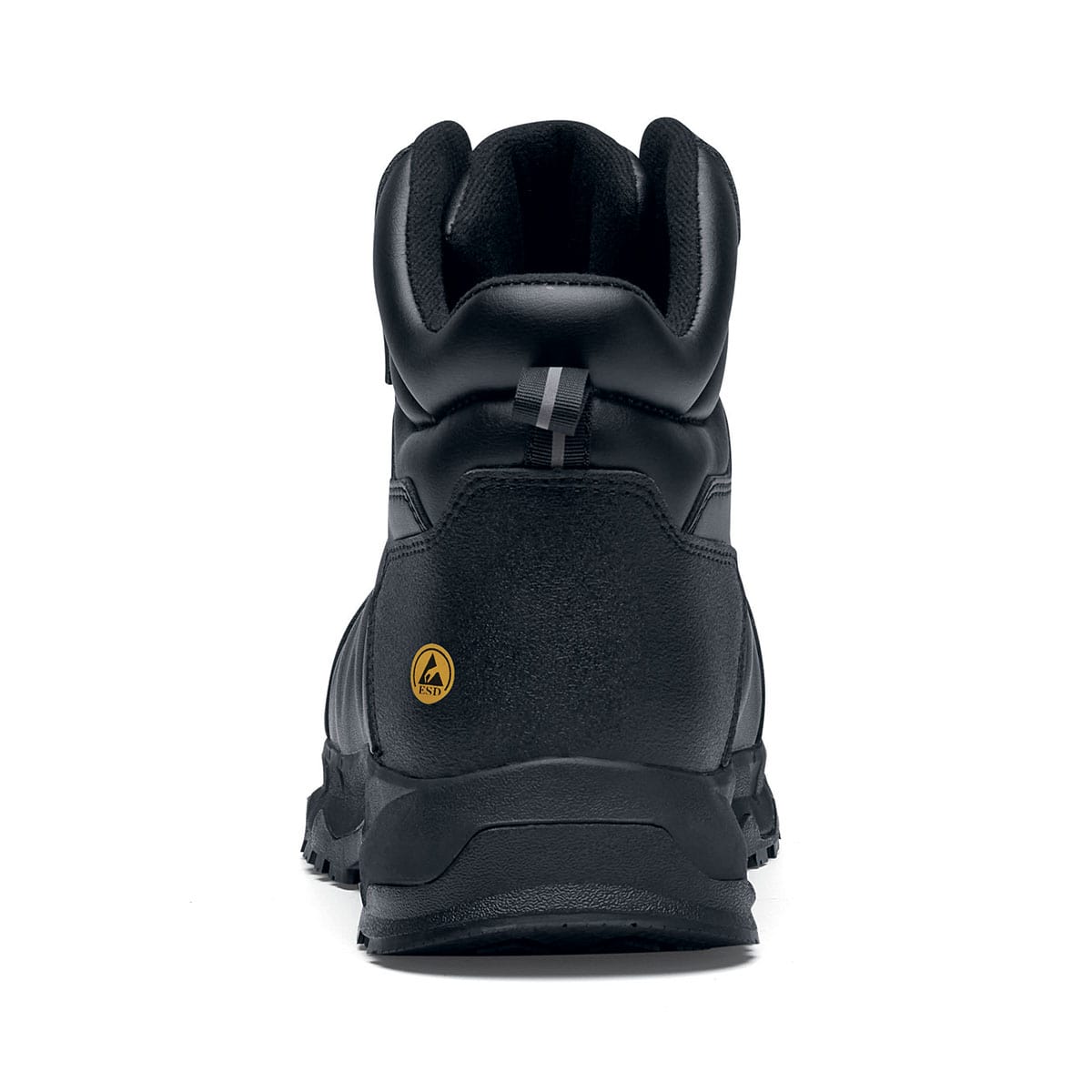 The Callan Mid O2 SRC CI HI ESD safety boot has TripGuard technology, waterproof materials and a durable slip-resistant outsole, seen from the back.