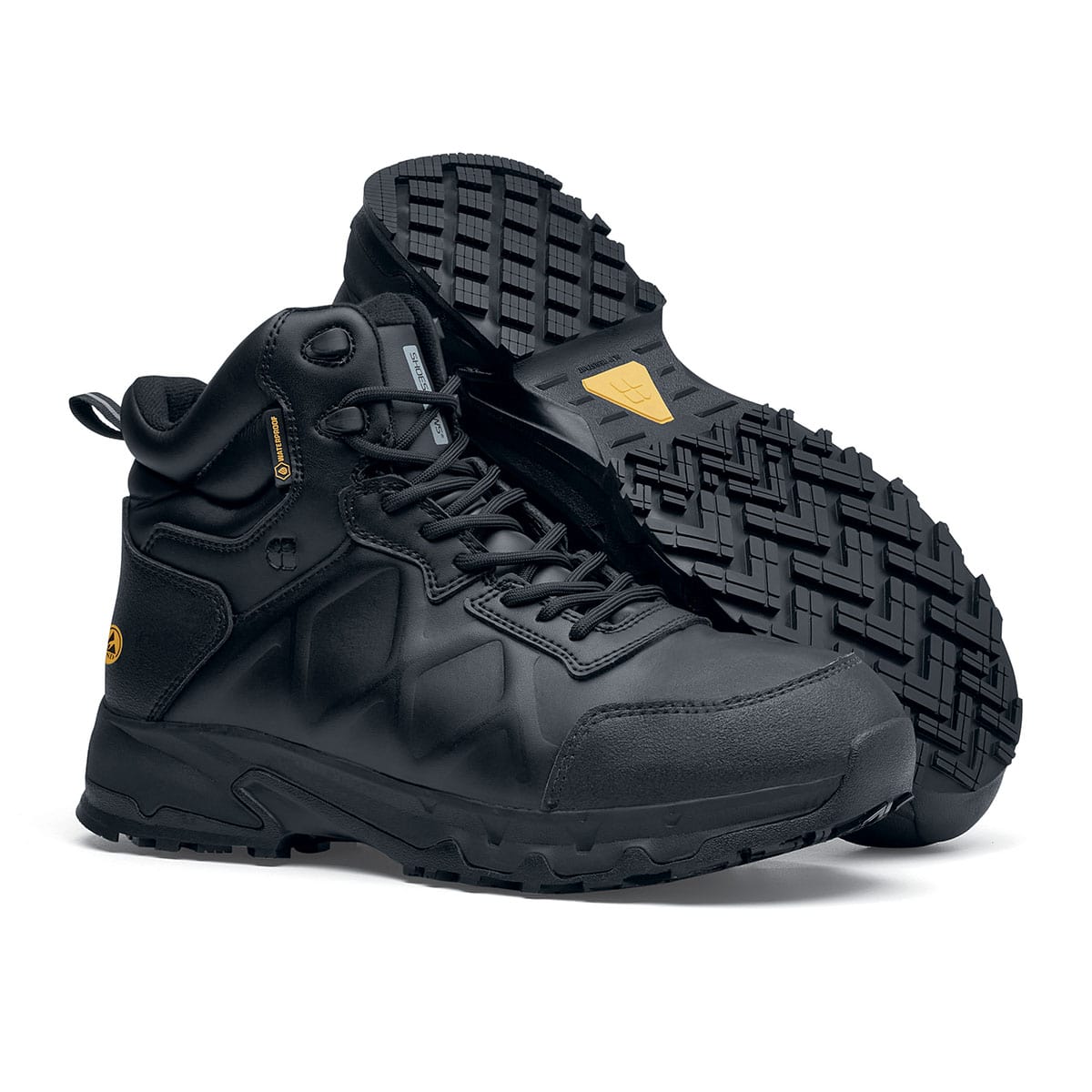 The Callan Mid O2 SRC CI HI ESD safety boot has TripGuard technology, waterproof materials and a durable slip-resistant outsole, pair seen from the right and bottom.