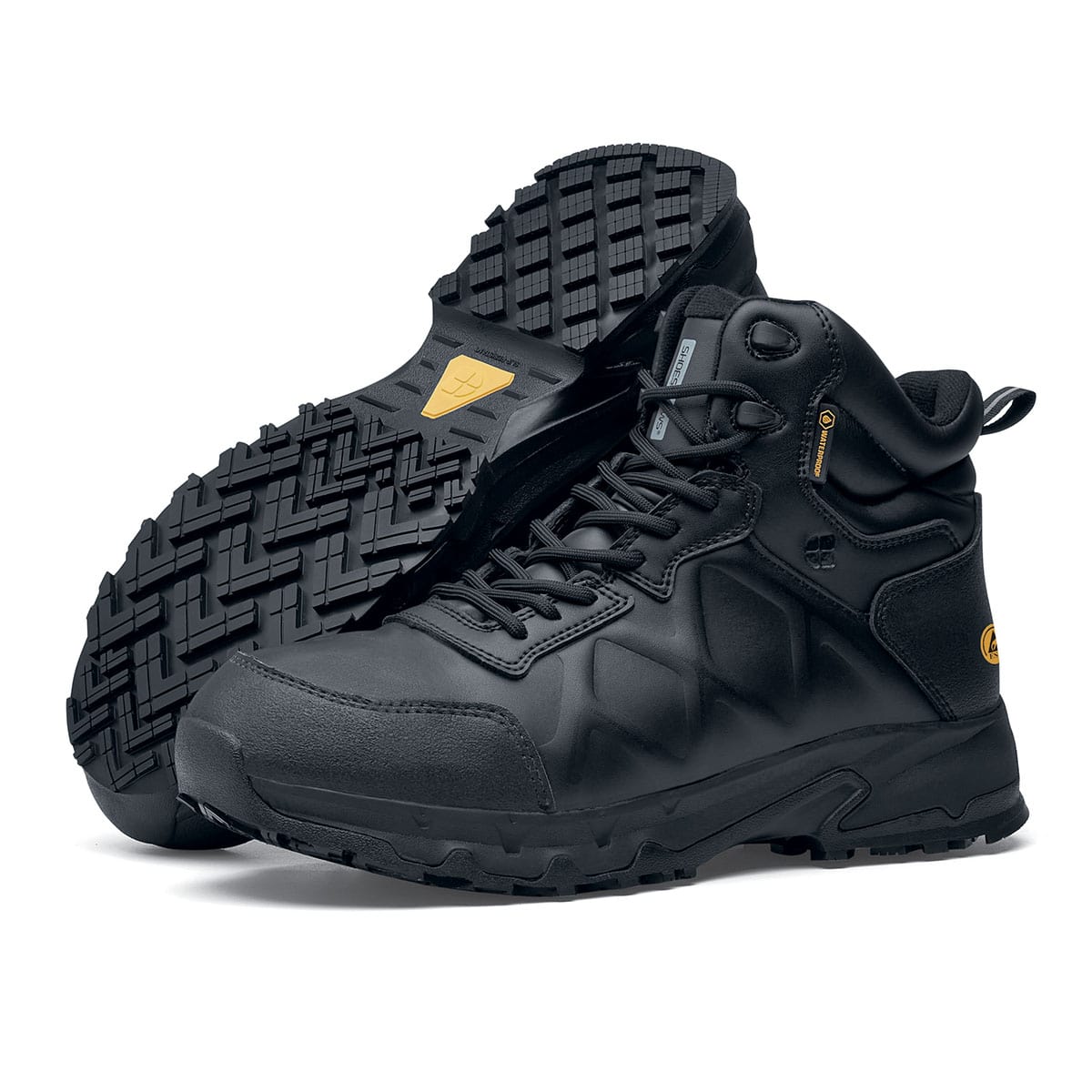 The Callan Mid O2 SRC CI HI ESD safety boot has TripGuard technology, waterproof materials and a durable slip-resistant outsole, pair seen from the left and bottom.