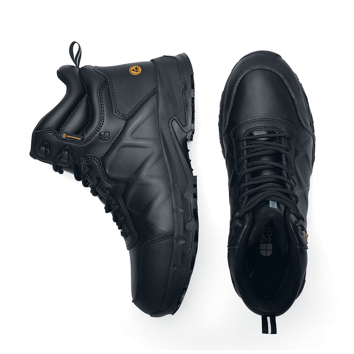 The Callan Mid O2 SRC CI HI ESD safety boot has TripGuard technology, waterproof materials and a durable slip-resistant outsole, pair seen from the side and above.