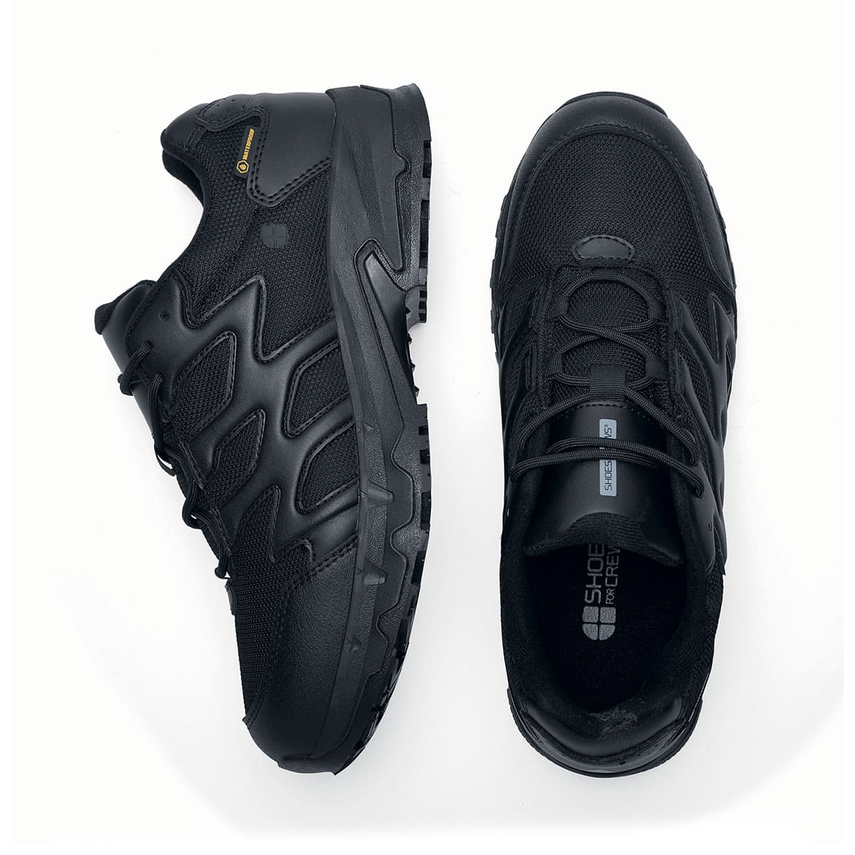 The Carrig Low O2 SRC CI HI ESD from Shoes For Crews is a slip-resistant, waterproof, breathable and lightweight hiker shoe ideal for daily use, seen from the side and from above.