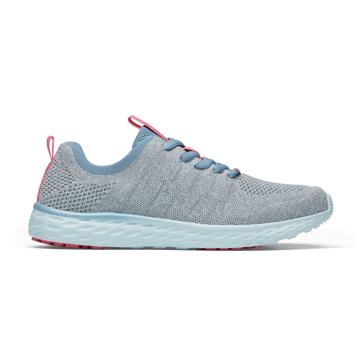 The Everlight Womens Gray/Blue/Coral from Shoes For Crews are slip-resistant trainers constructed with a breathable, water-resistant mesh upper,  seen from the right.