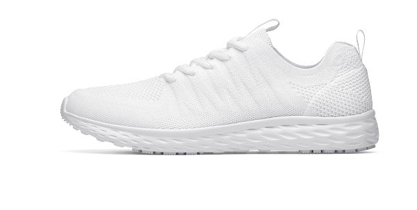The Everlight Ce Mens White from Shoes For Crews are slip-resistant trainers with TripGuard technology, removable cushioned insoles and are also breathable, seen from the left.