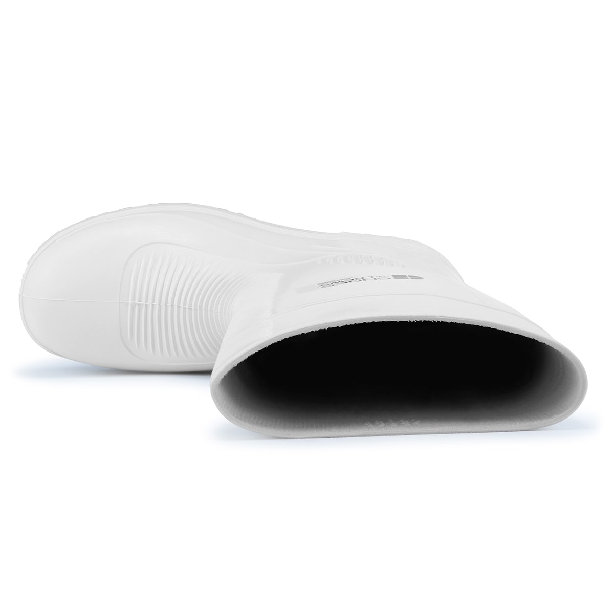The Guardian White from Shoes For Crews are waterproof Wellington boots that offer superior slip resistance on a variety of pavement surfaces, seen from above.