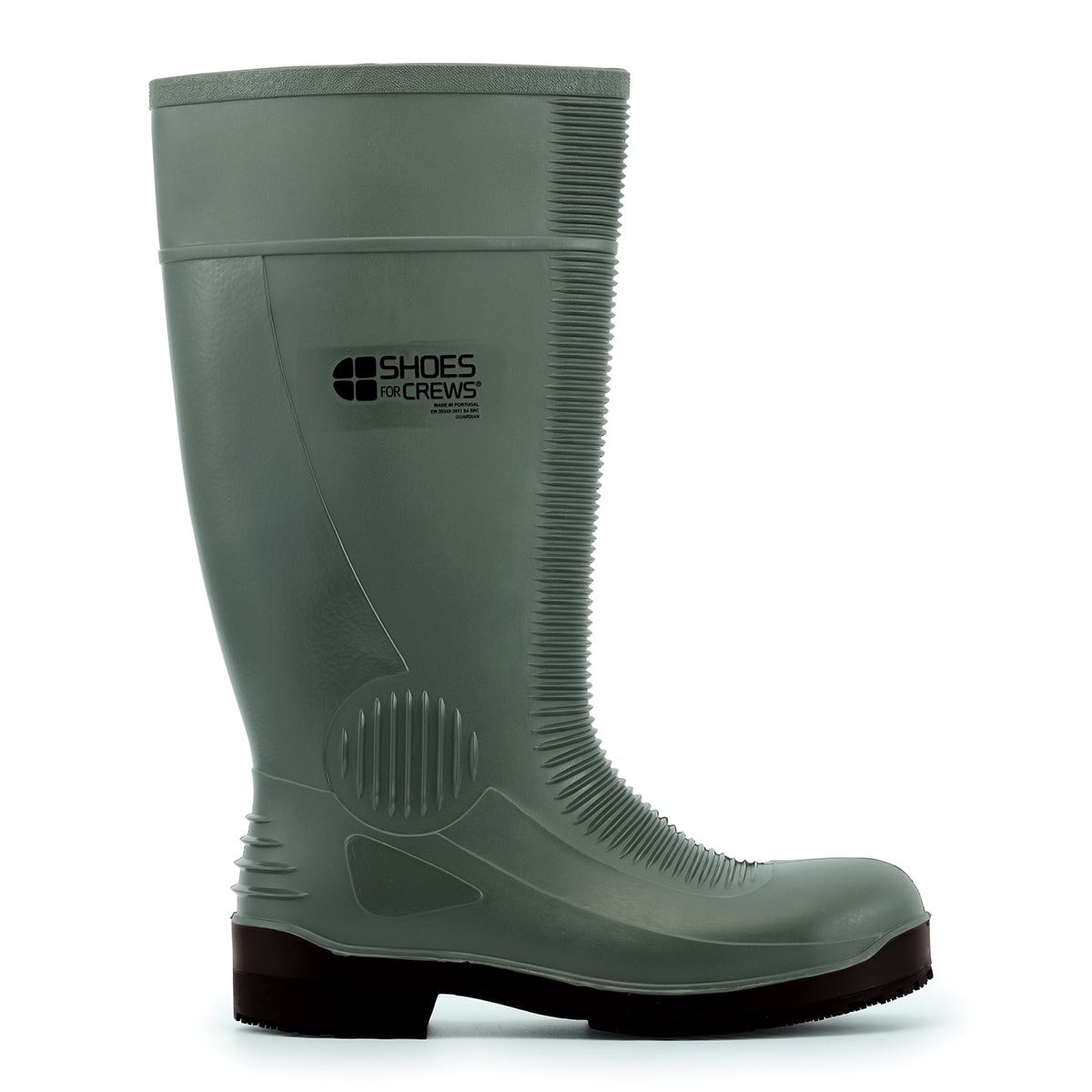 The Guardian Green from Shoes For Crews waterproof wellington boots offers superior slip resistance on a variety of flooring surfaces, seen from the right.