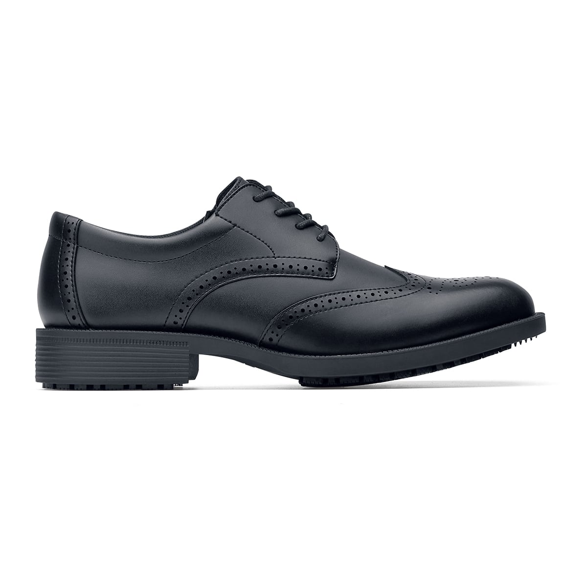 The Executive Wing Tip IV from Shoes For Crews, is an slip resistant dress shoe with a water resistant breathable leather upper to provide industry leading levels of grip and durability, seen from the right.