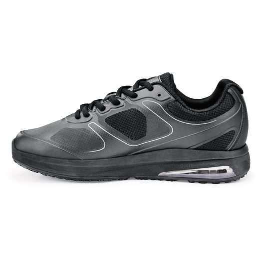 The Evolution II Black from Shoes For Crews are slip-resistant and water-resistant trainers,  seen from the left.