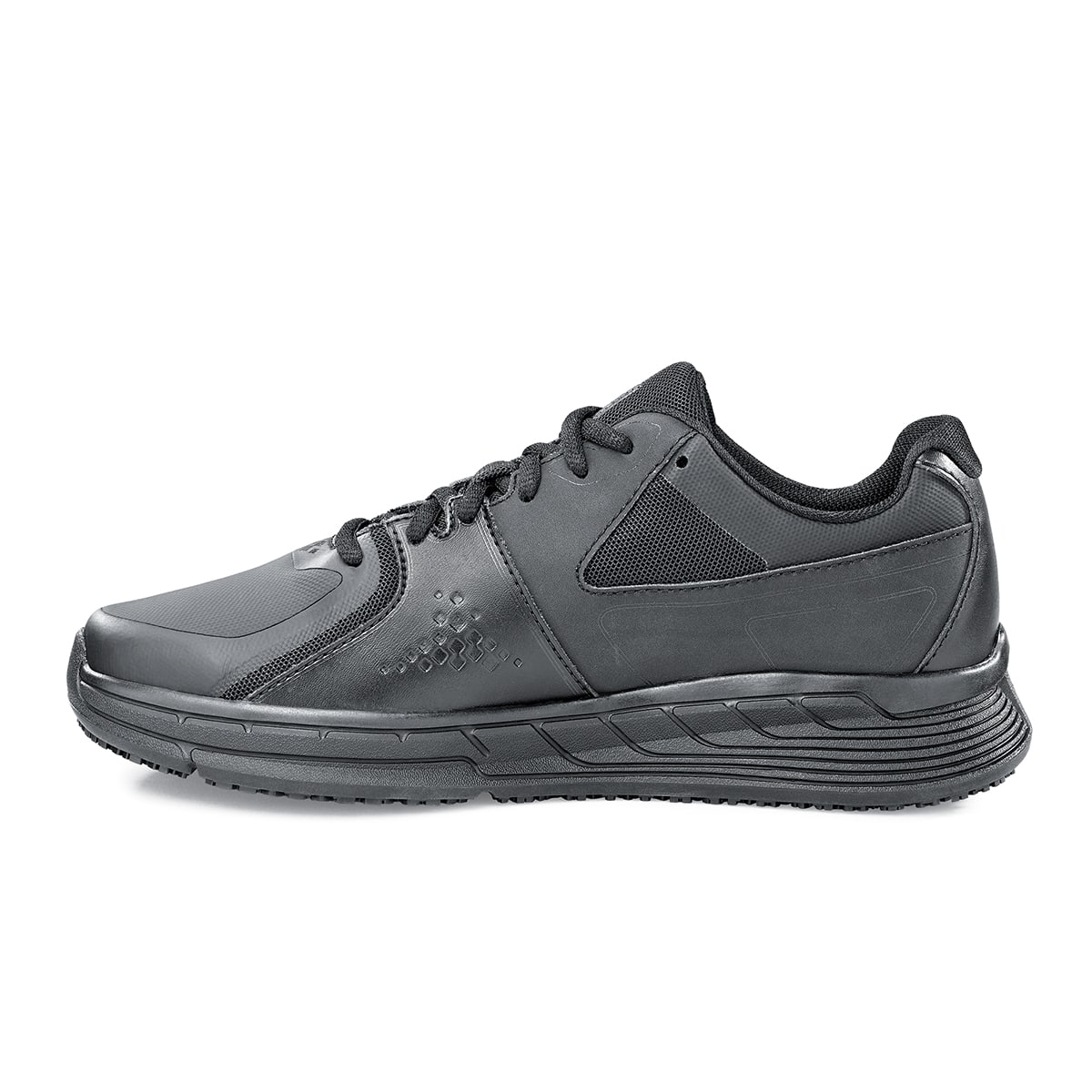 The Condor Women's Black from Shoes for Crews is a slip-resistant shoe with laces, with additional padding and a removable cushioned insole, seen from the left.