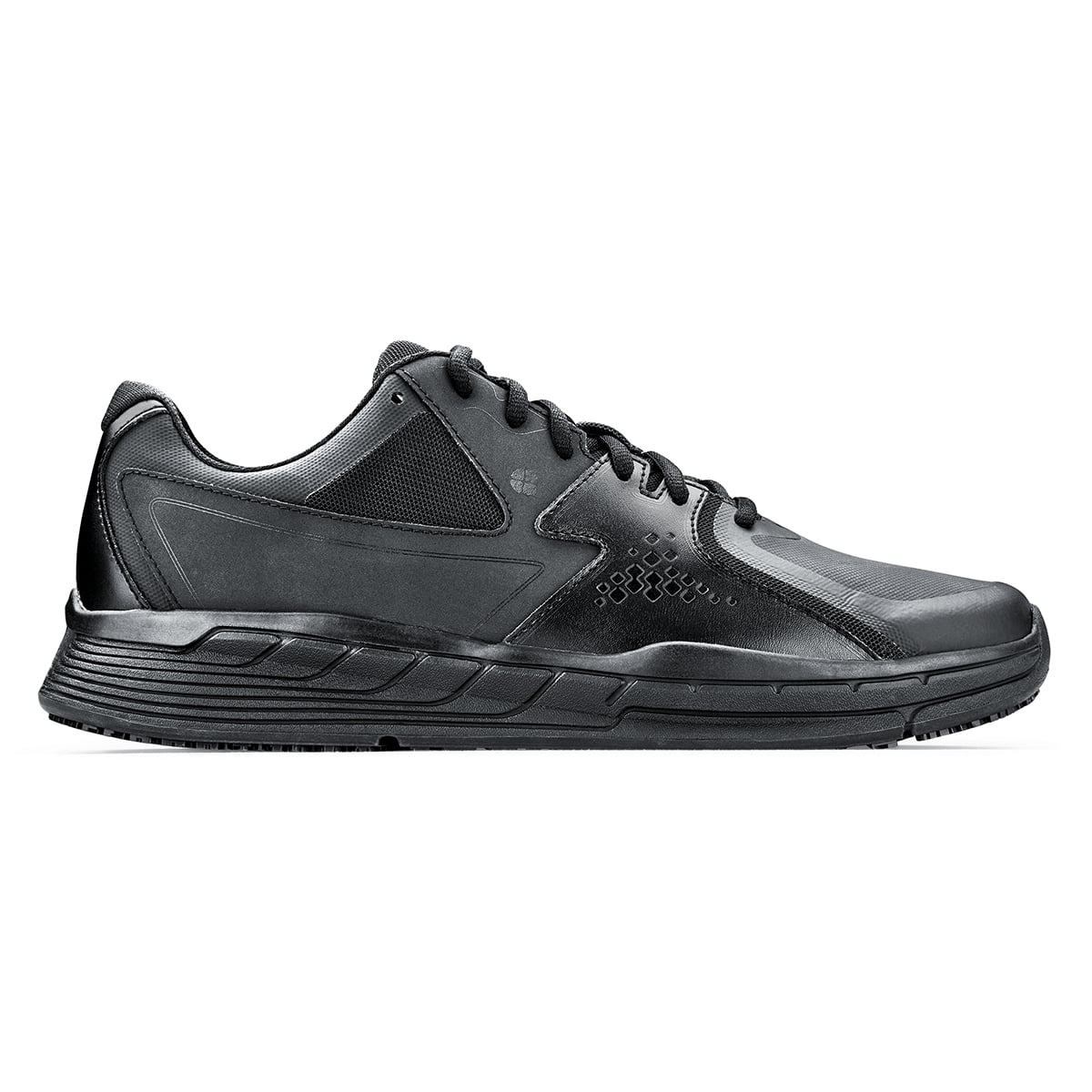 The Condor Men's Black from Shoes for Crews is a slip-resistant shoe with laces, with additional padding and a removable cushioned insole, seen from the right.