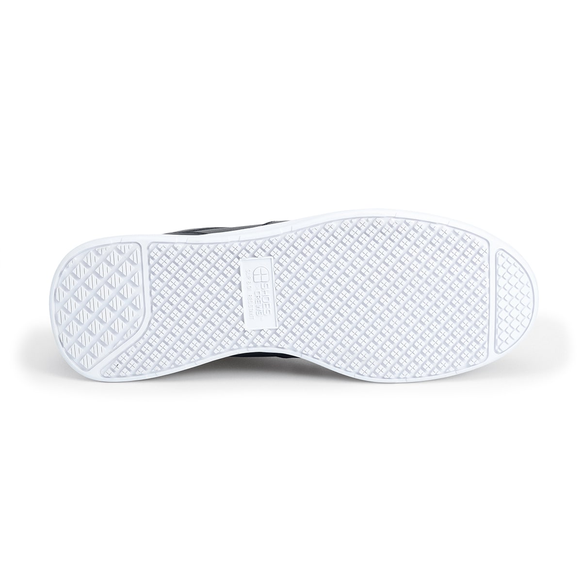 The Freestyle II White Outsole from Shoes For Crews is a slip-resistant shoe featuring a removable cushioned insole, seen from below.