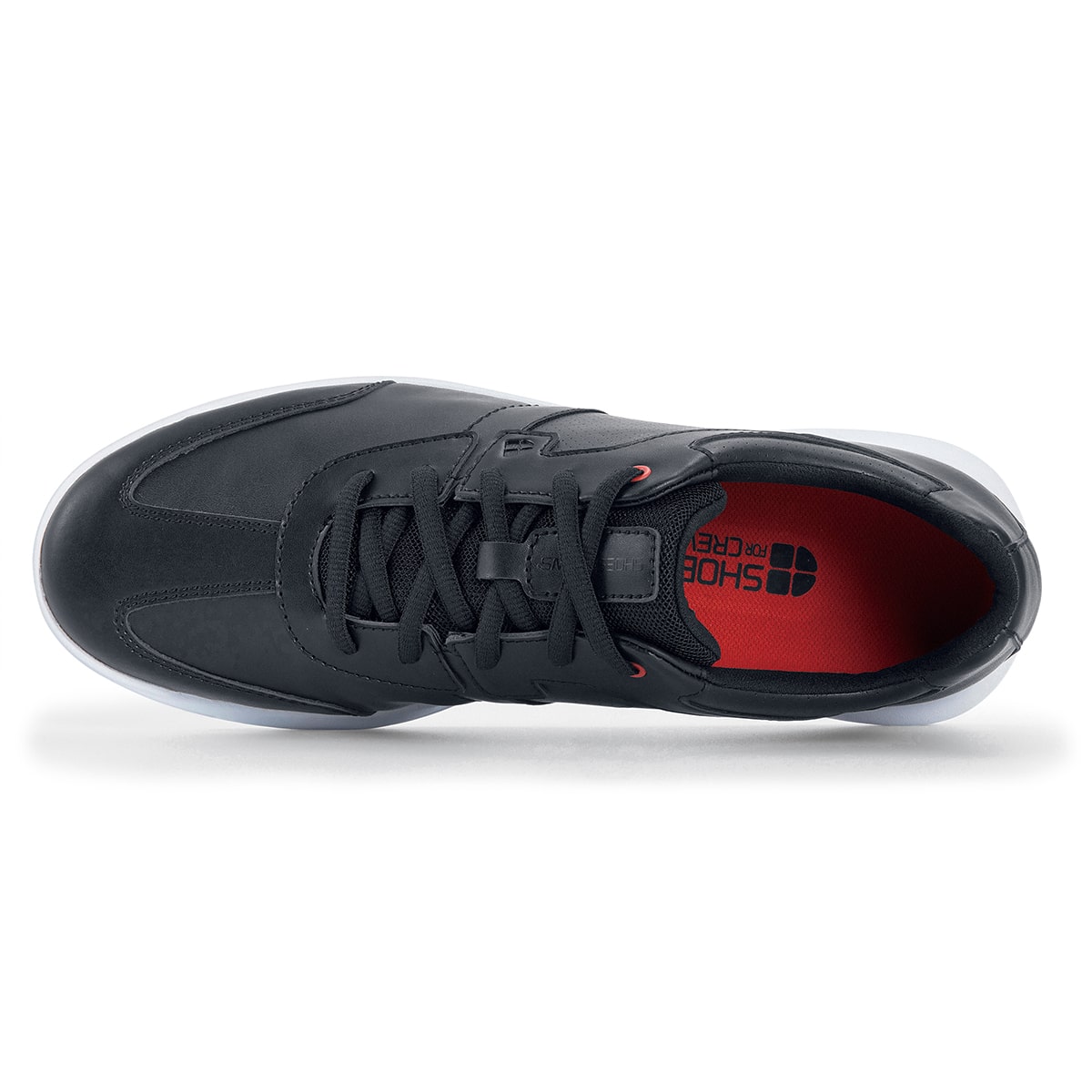 The Freestyle II White Outsole from Shoes For Crews is a slip-resistant shoe featuring a removable cushioned insole, seen from above.