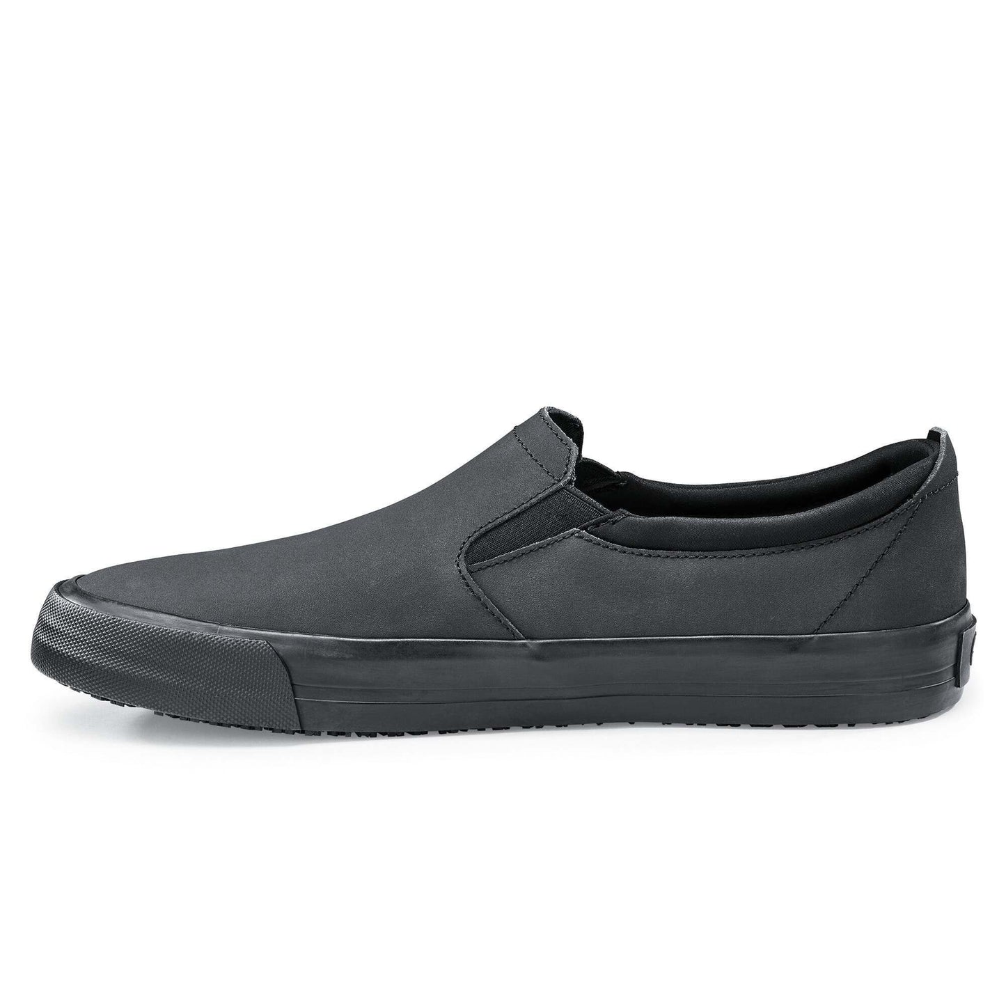 The Ollie II from Shoes For Crews features a superior slip-resistant outsole and a water-resistant breathable leather upper to provide industry-leading levels of grip and durability, seen from the left.