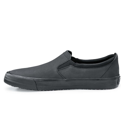 The Ollie II from Shoes For Crews features a superior slip-resistant outsole and a water-resistant breathable leather upper to provide industry-leading levels of grip and durability, seen from the left.
