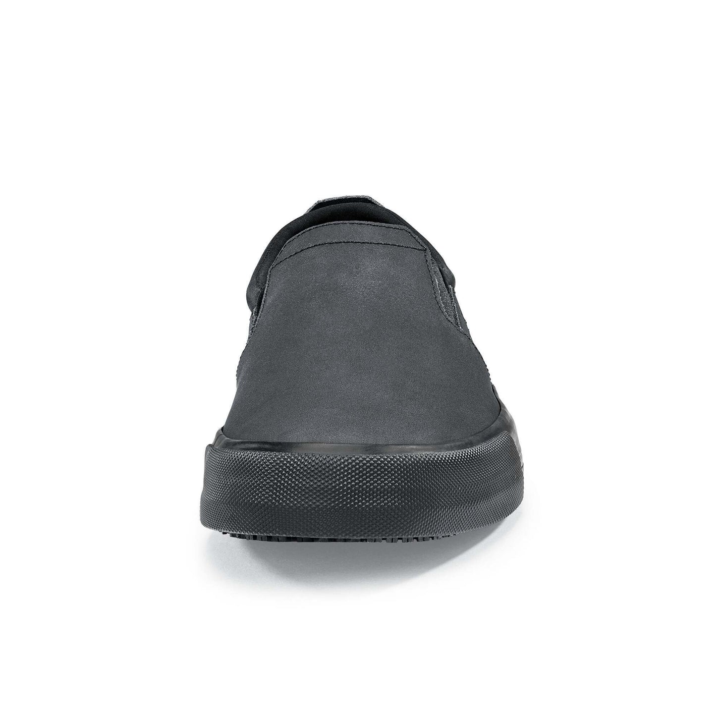 The Ollie II from Shoes For Crews features a superior slip-resistant outsole and a water-resistant breathable leather upper to provide industry-leading levels of grip and durability, seen from the front.