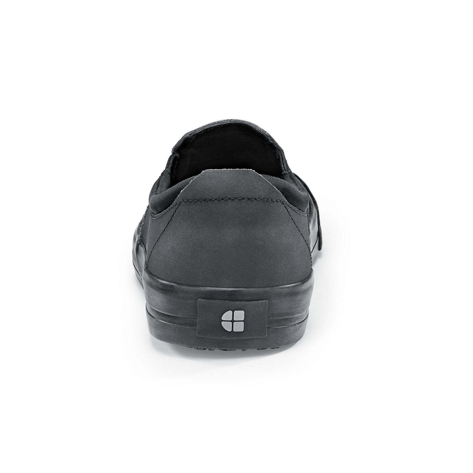 The Ollie II from Shoes For Crews features a superior slip-resistant outsole and a water-resistant breathable leather upper to provide industry-leading levels of grip and durability, seen from the back.