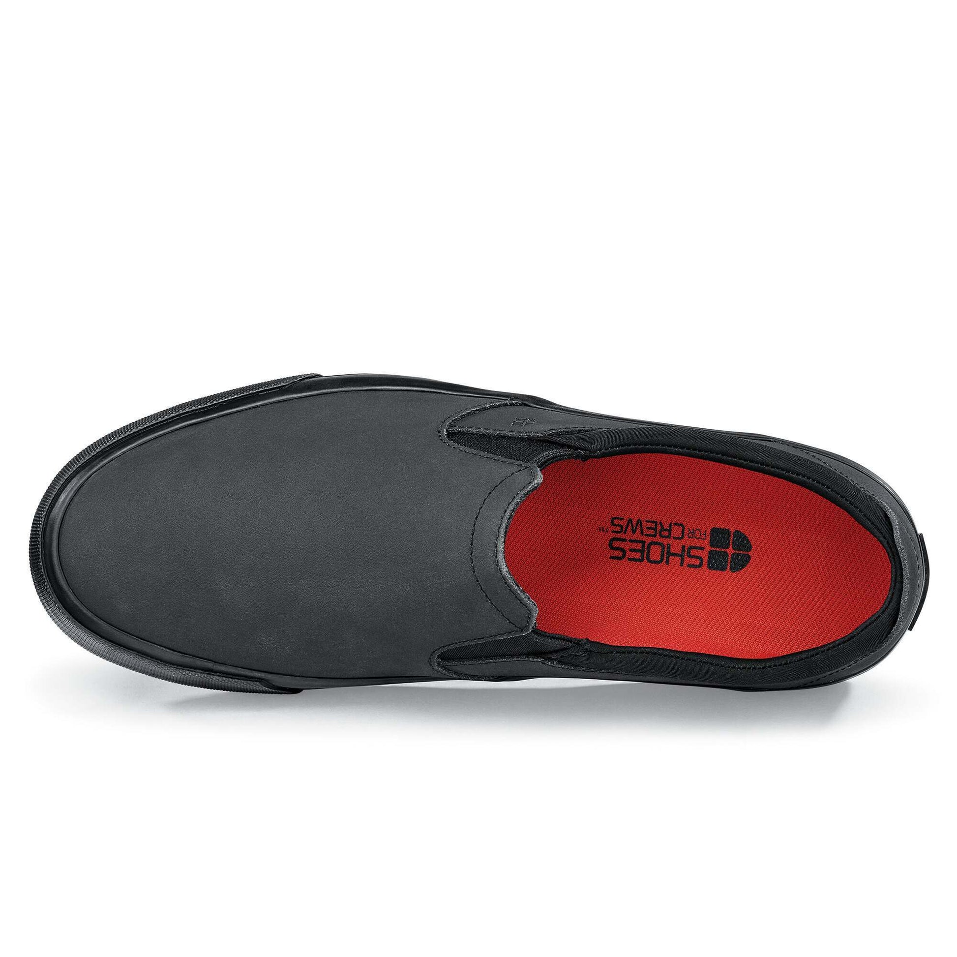 The Ollie II from Shoes For Crews features a superior slip-resistant outsole and a water-resistant breathable leather upper to provide industry-leading levels of grip and durability, seen from above.