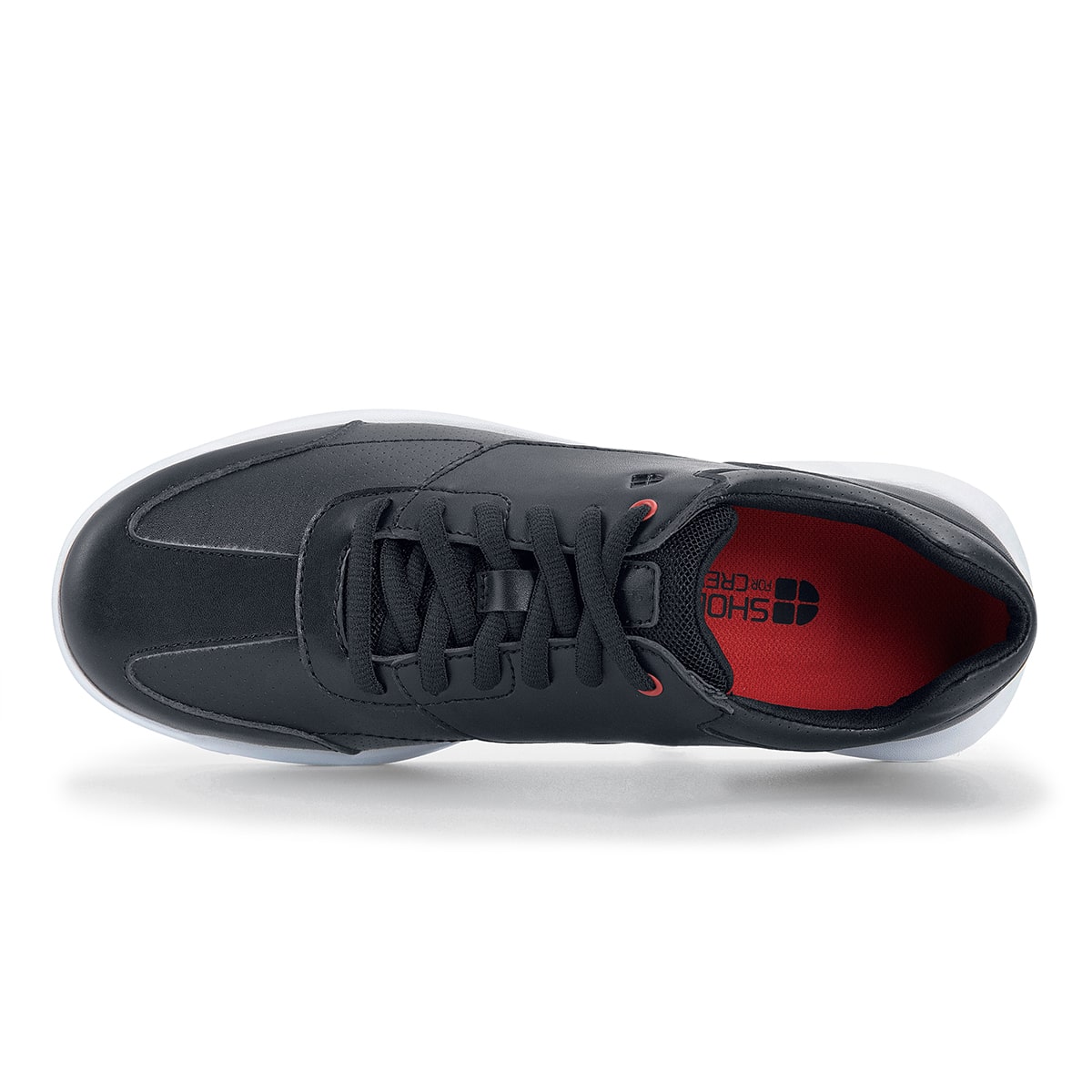 The Liberty White Outsole from Shoes For Crews are slip-resistant trainers with comfortable insoles, seen from above.