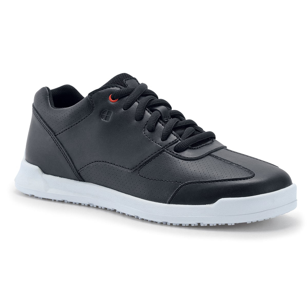 The Liberty White Outsole from Shoes For Crews are slip-resistant trainers with comfortable insoles, seen from the right profile.