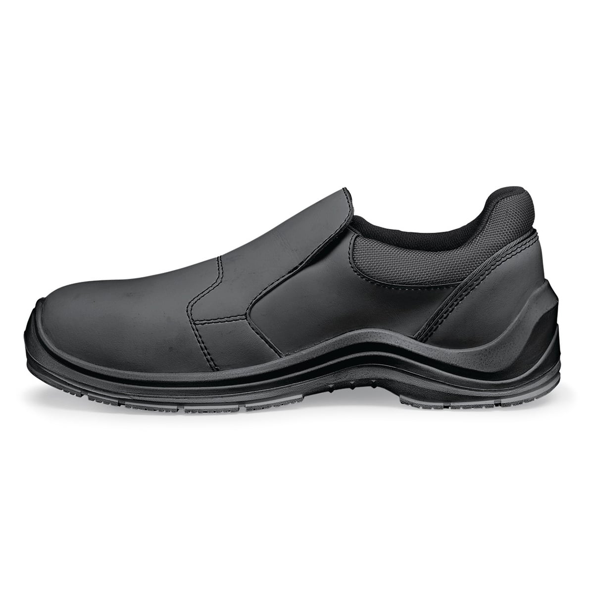 The Dolce81 from Shoes For Crews is a slip-resistant shoe with a waterproof, puncture-resistant upper and a steel toe cap, seen from the left.