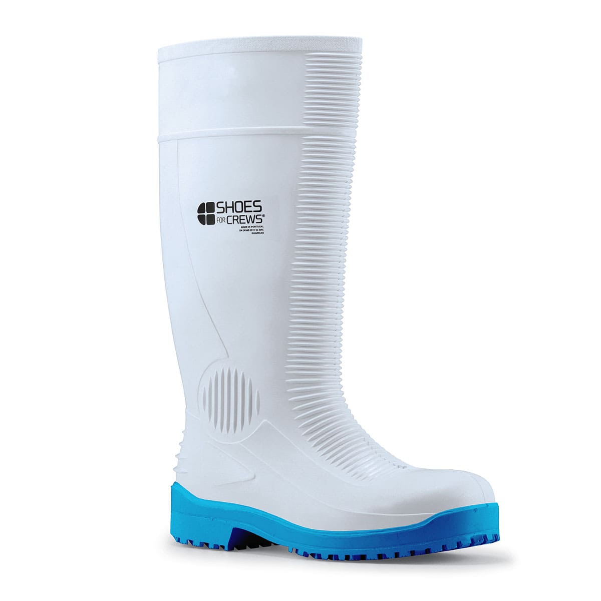 The Guardian S4 from Shoes For Crews are waterproof Wellington boots that offer superior slip resistance on a variety of pavement surfaces, seen from the right profile.