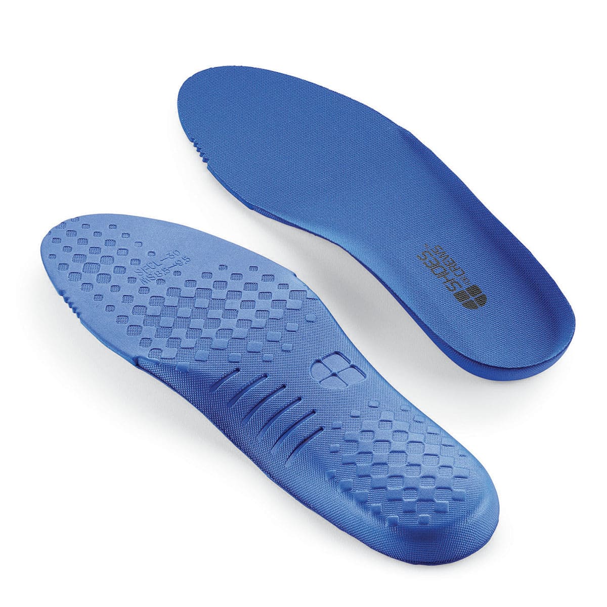 The Shoes For Crews comfort insole is made from durable EVA material and incorporates a cushioned layer and an adaptable arch, seen from above and below at a perpendicular angle.
