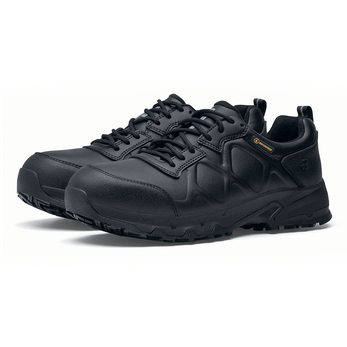 The Callan low-cut shoe is slip-resistant and has a breathable, waterproof upper as well as insulation for cold and heat, pair seen in profile on the left.