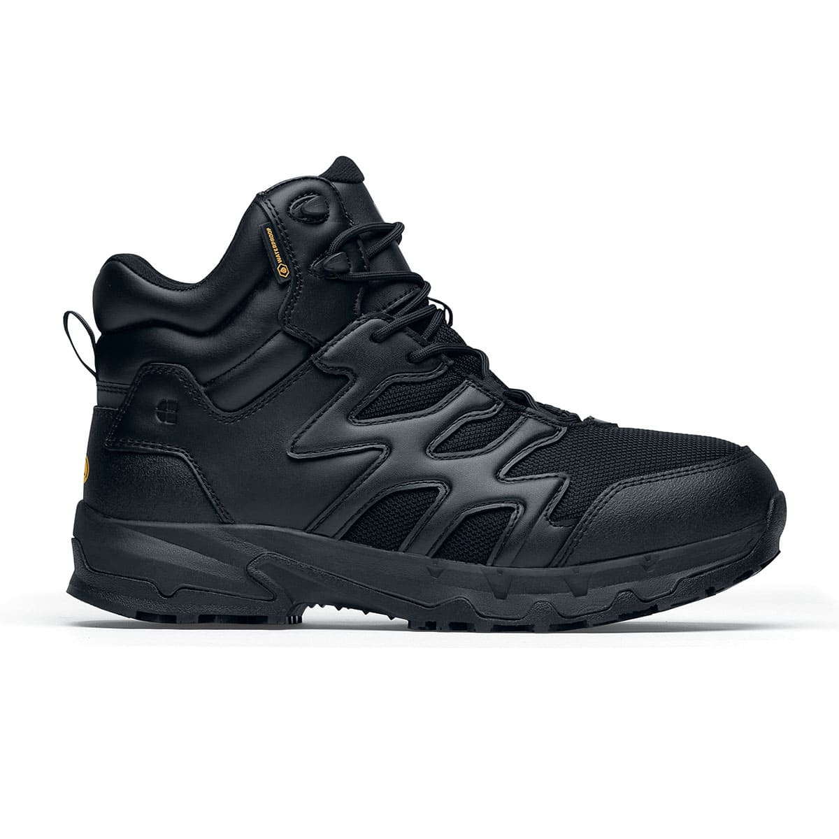 The Shoes for Crews Carrig Mid is a slip-resistant safety boot with a waterproof upper, seen from the right.