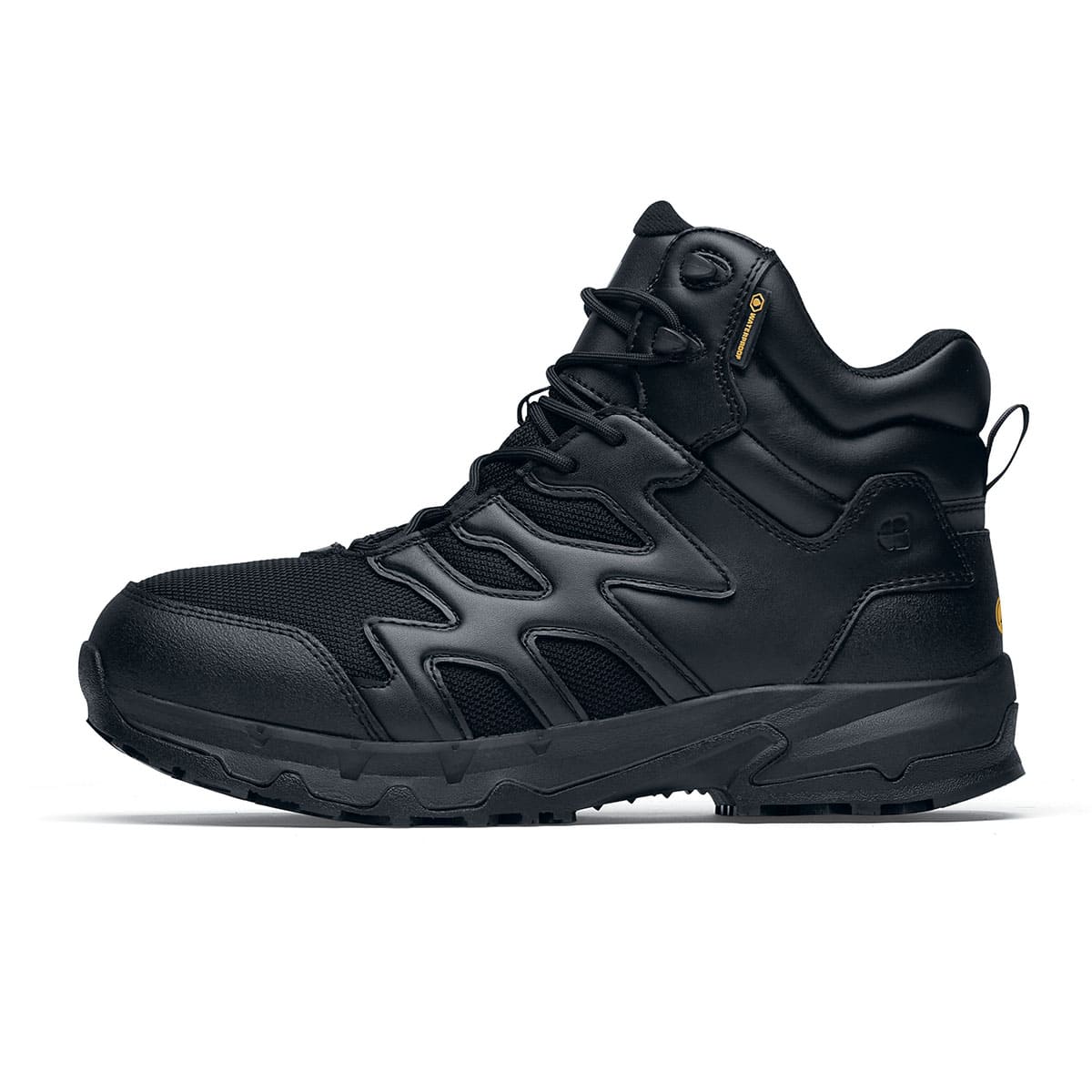 The Shoes for Crews Carrig Mid is a slip-resistant safety boot with a waterproof upper, seen from the left.