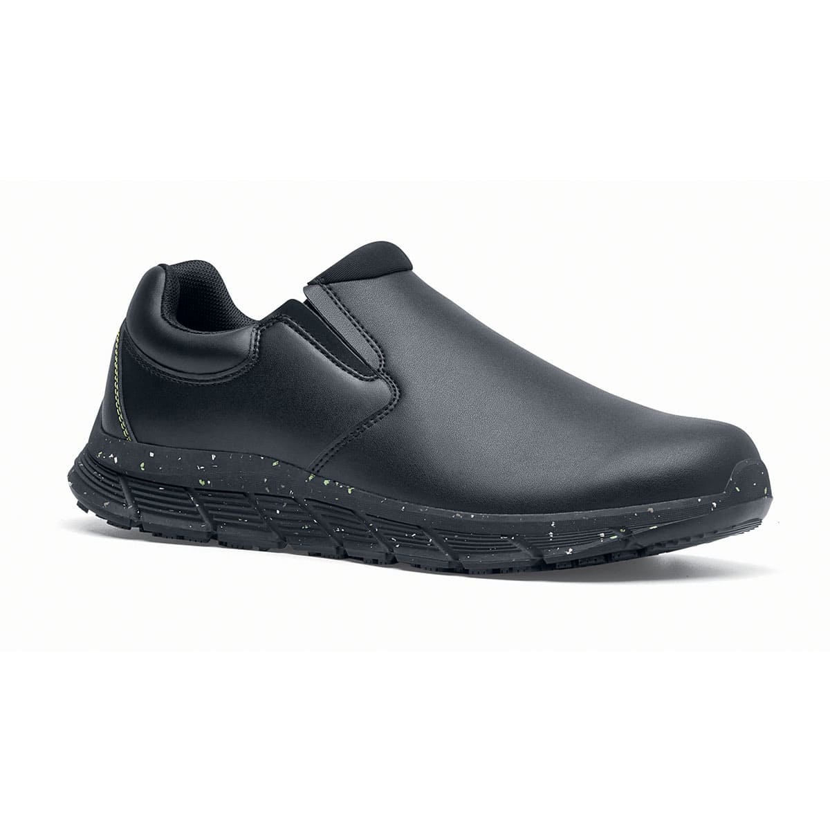The Shoes for Crews Cater Eco Women's  Black is a sustainable, slip-resistant safety shoe,  seen from the right profile.
