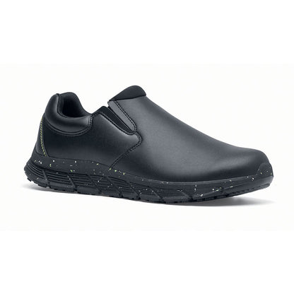 The Shoes for Crews Cater Eco Women's  Black is a sustainable, slip-resistant safety shoe,  seen from the right profile.