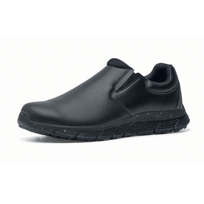 The Shoes for Crews Cater Eco Women's  Black is a sustainable, slip-resistant safety shoe , seen from the left profile.