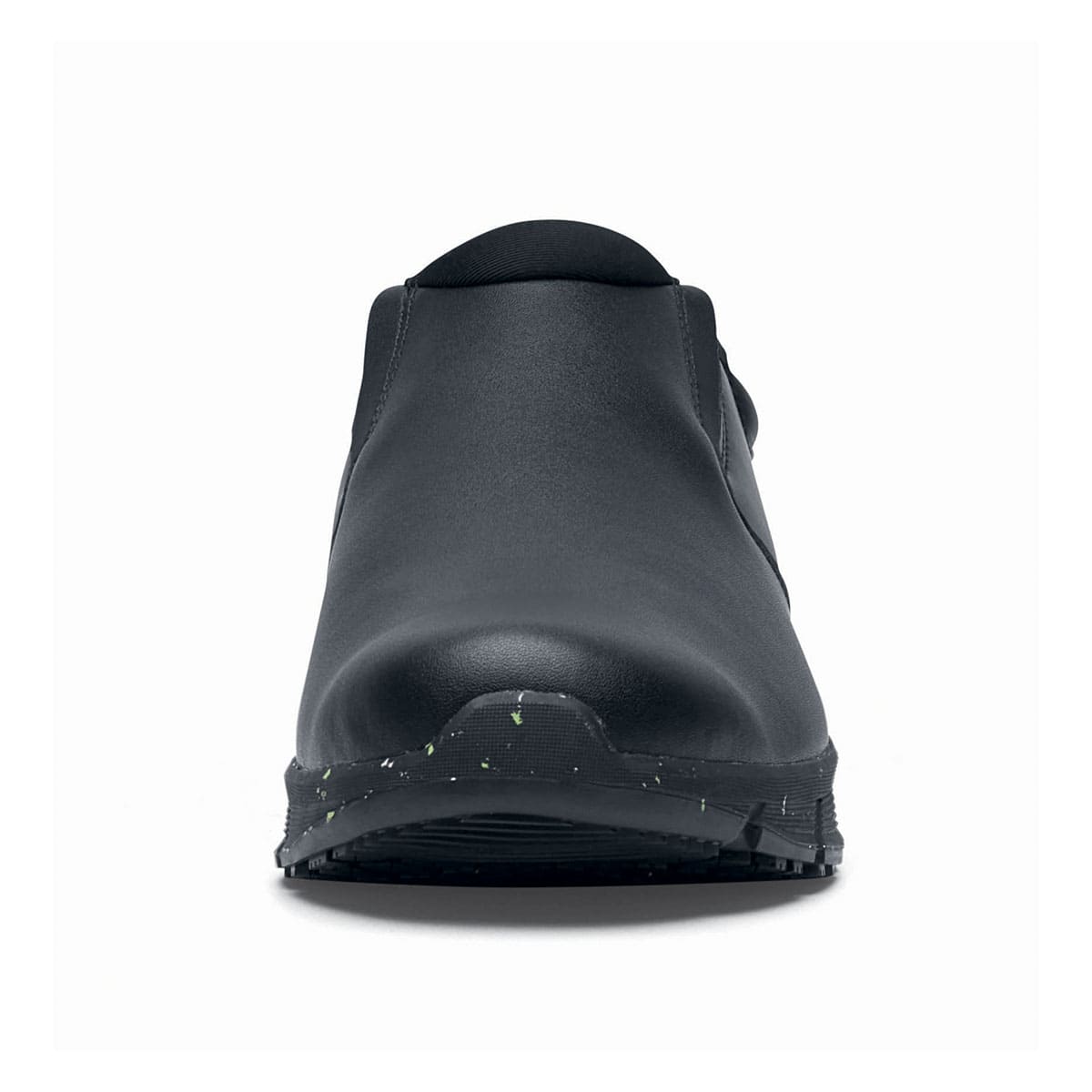 The Shoes for Crews Cater Eco Women's  Black is a sustainable, slip-resistant safety shoe, seen from the front.