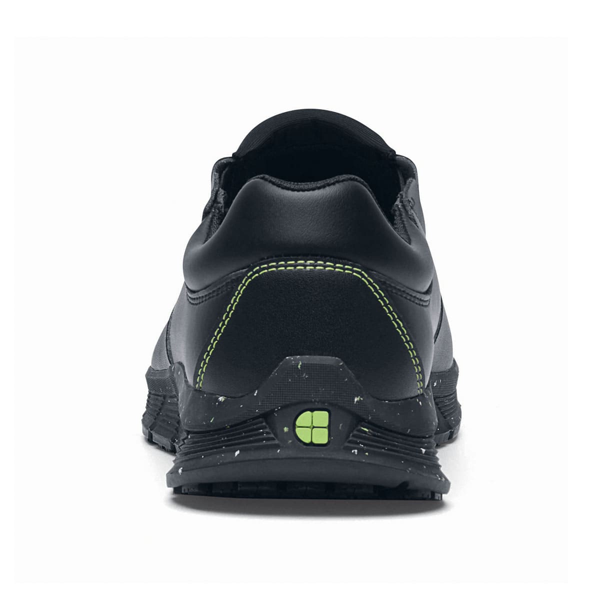 The Shoes for Crews Cater Eco Women's  Black is a sustainable, slip-resistant safety shoe, seen from the back.