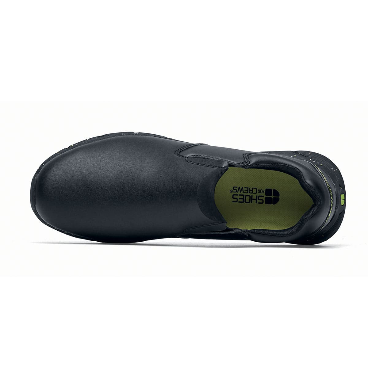 The Shoes for Crews Cater Eco Women's  Black is a sustainable, slip-resistant safety shoe,seen from the above.