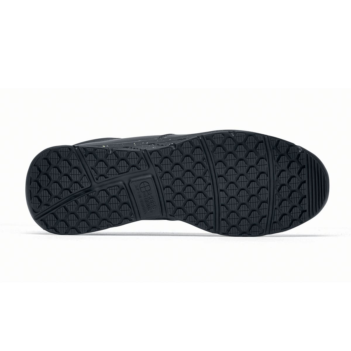The Shoes for Crews Cater Eco Women's  Black is a sustainable, slip-resistant safety shoe, seen from the bellow.