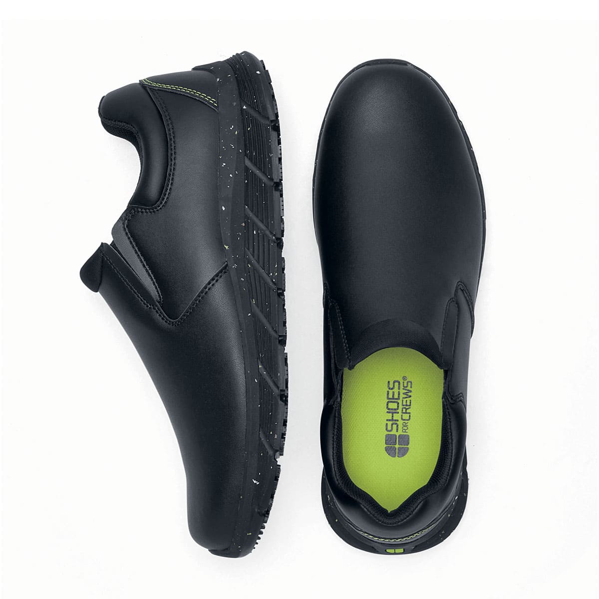 The Shoes for Crews Cater Eco Women's  Black is a sustainable, slip-resistant safety shoe, seen vertically from the side and from above.