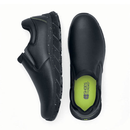 The Shoes for Crews Cater Eco Women's  Black is a sustainable, slip-resistant safety shoe, seen vertically from the side and from above.