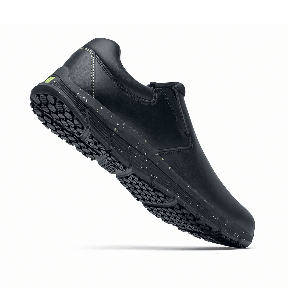 The Shoes for Crews Cater Eco Women's  Black is a sustainable, slip-resistant safety shoe,  seen on the right side highlighted on the heel.