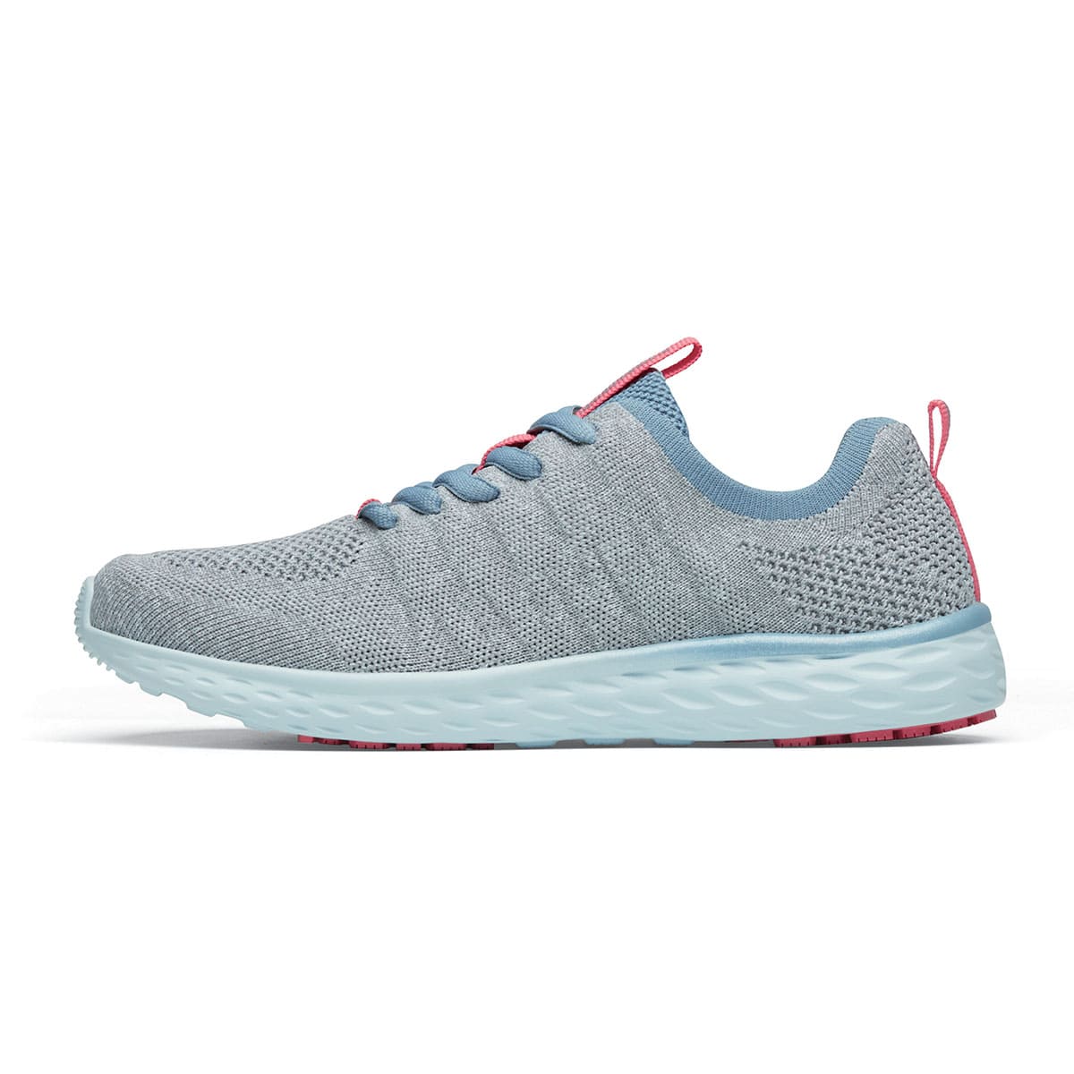 The Everlight Womens Gray/Blue/Coral from Shoes For Crews are slip-resistant trainers constructed with a breathable, water-resistant mesh upper,  seen from the left.