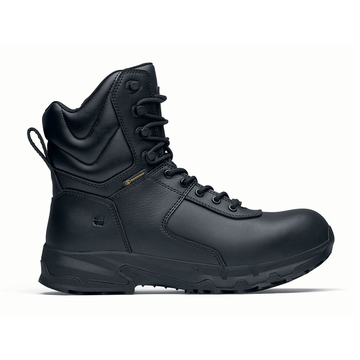 The Guard High from Shoes For Crews are waterproof slip-resistant safety boots with a safety toe cap, seen from the right.
